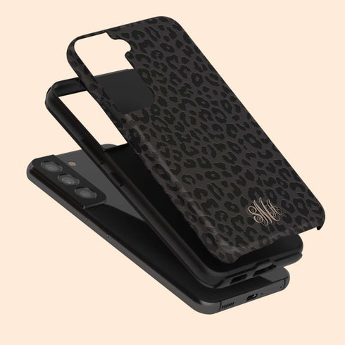 Dark Leopard Custom Curly Initials Galaxy Case - Centered